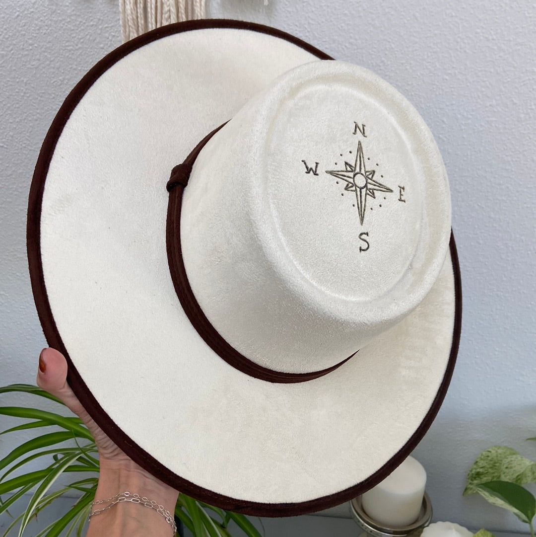 Two tone, burned felt flat brim hat.