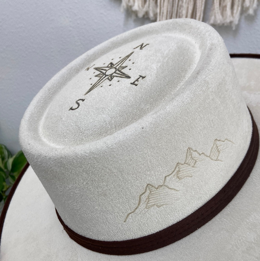 Two tone, burned felt flat brim hat.