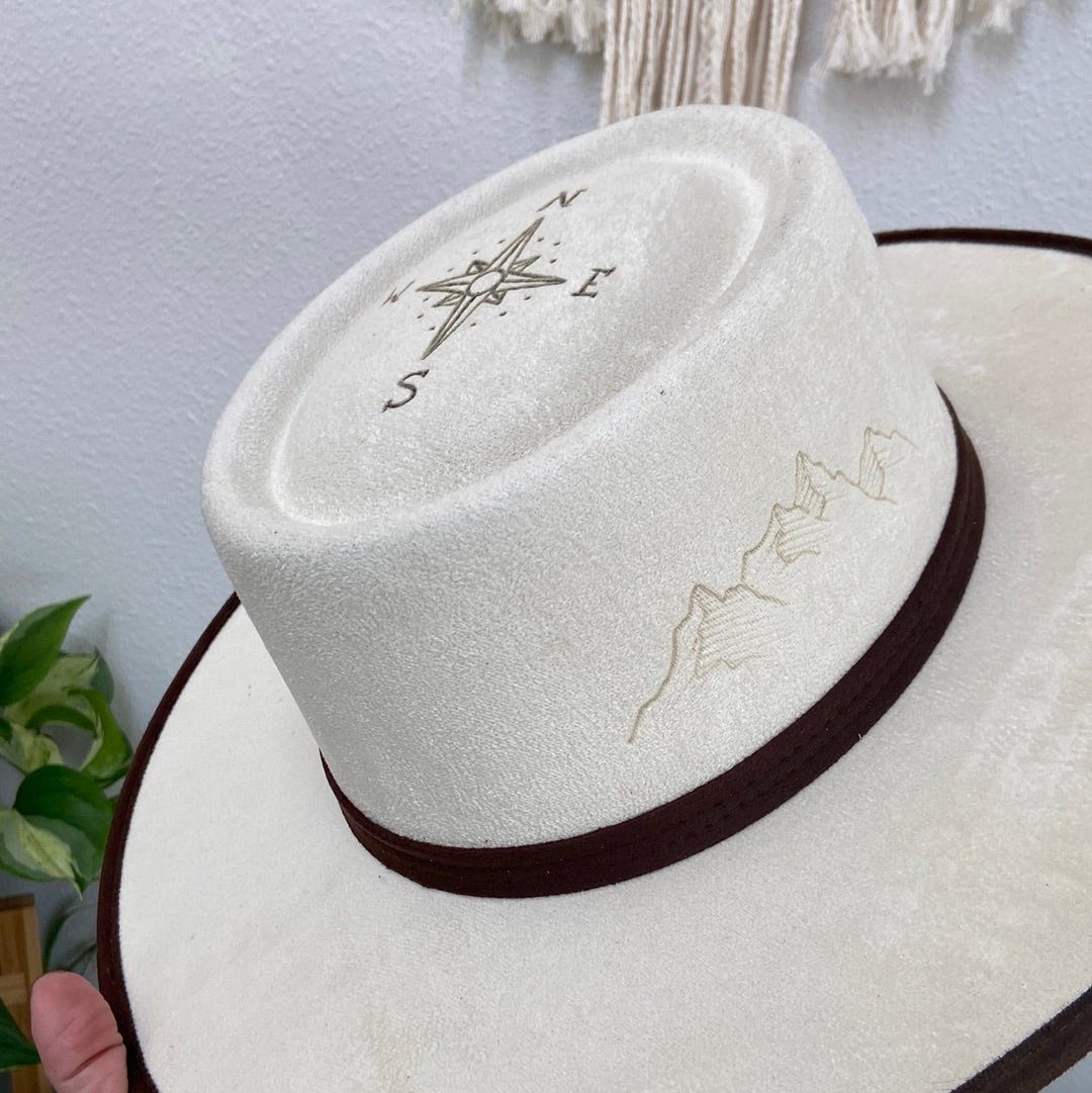 Two tone, burned felt flat brim hat.
